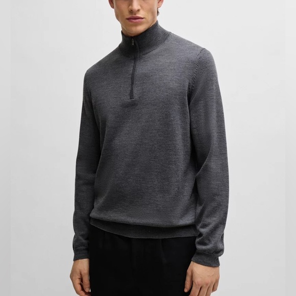 Mens Hugo Boss Slim Fit Gray Wool Sweater Size S Small 1/4 Zip